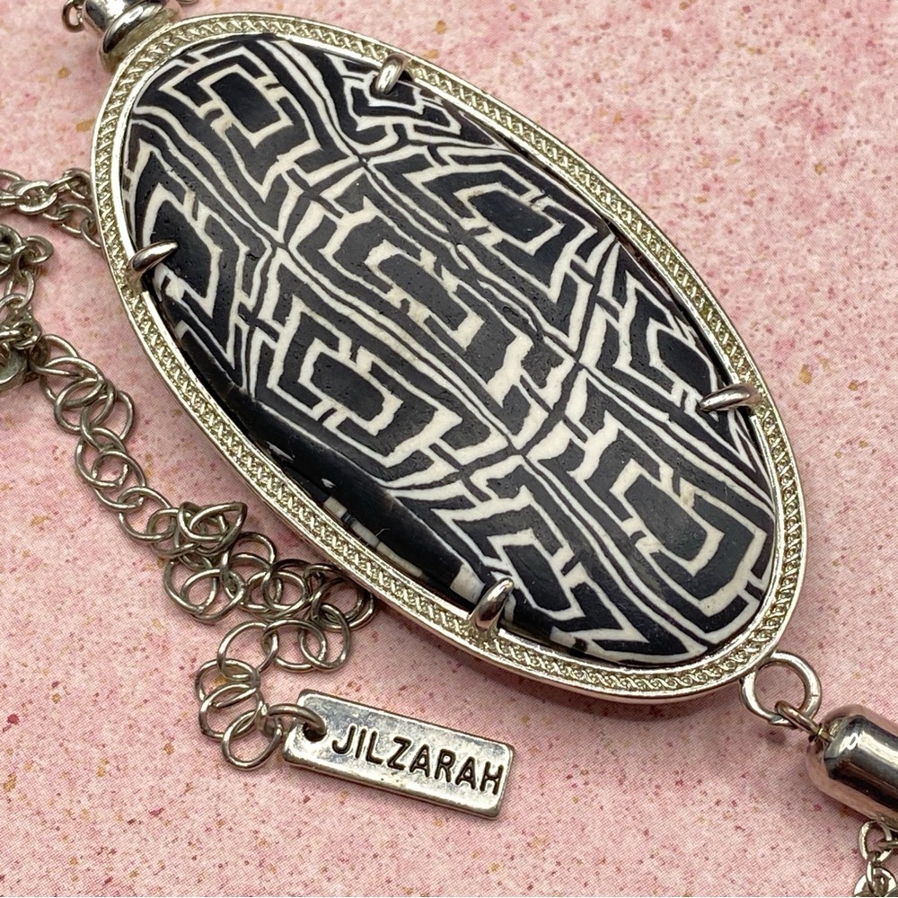 JILZARAH Artisan Polymer Clay Pendant Black & White Silver Tone Chain Tassel